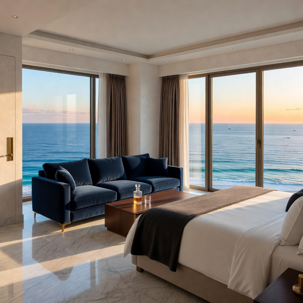 Luxury Hotel Suite Interior with Panoramic Ocean View Balcony