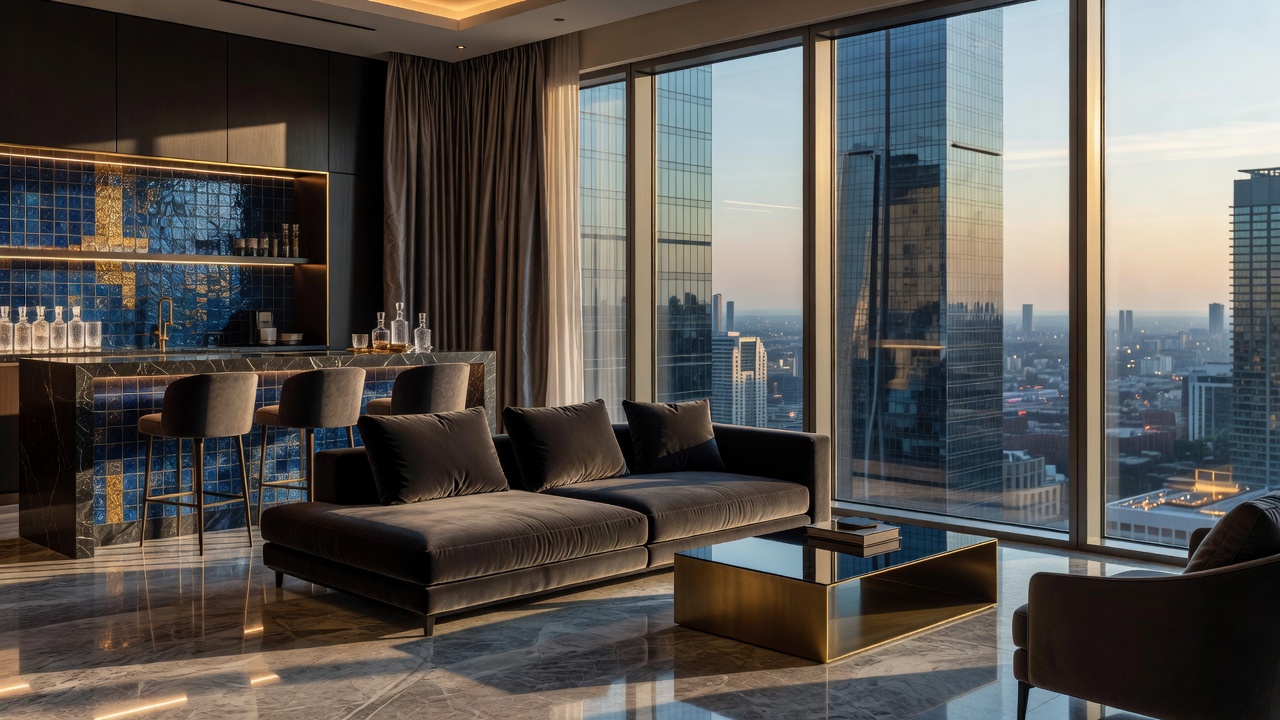 Penthouse Luxury Suite overlooking cityscape at night